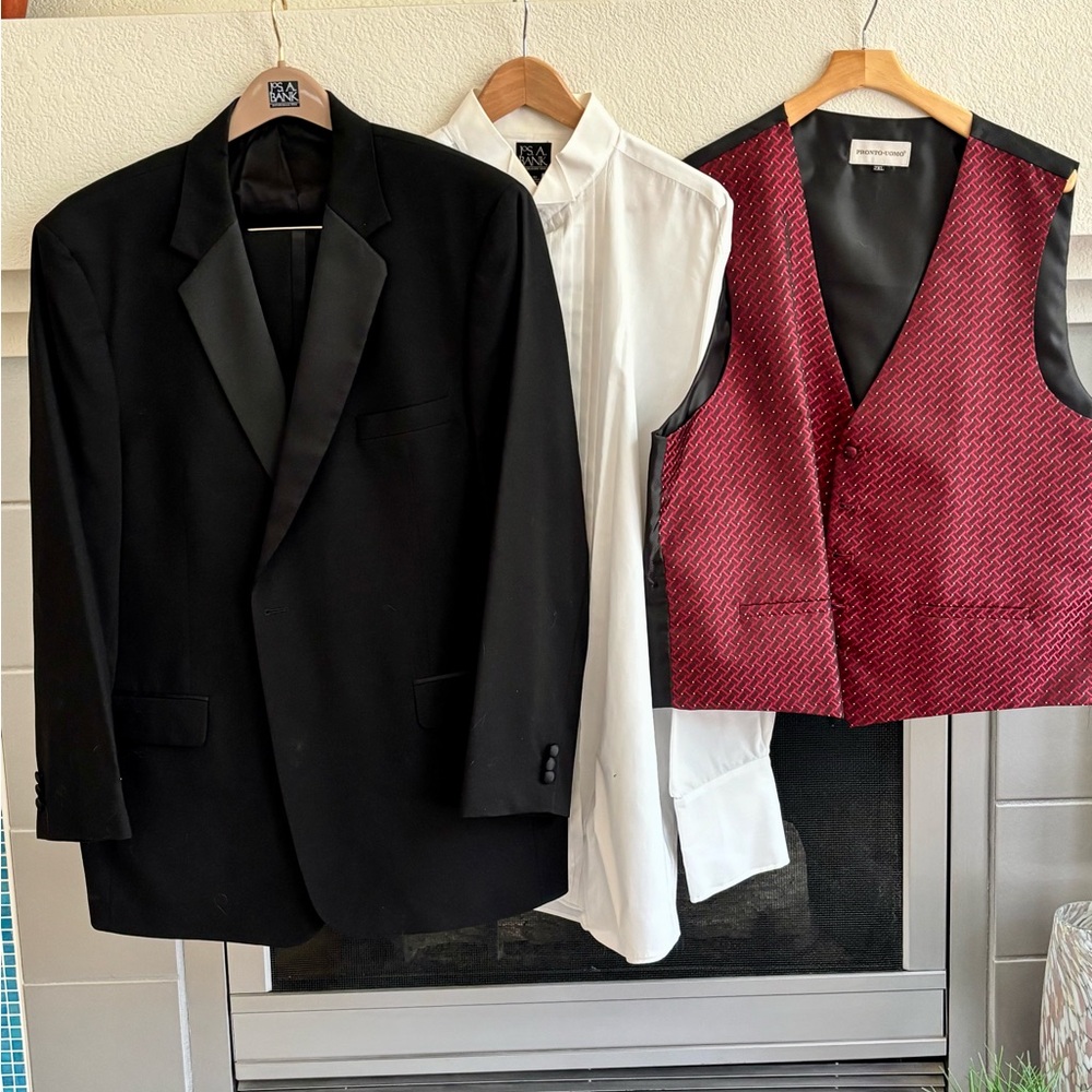 JOS A BANK Men's Black Tux Tuxedo Jacket Red Patterned Vest White Shirt 48 Long